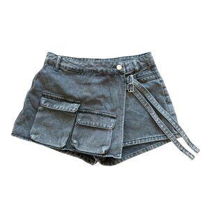 Black Denim Buckle Mini Skort